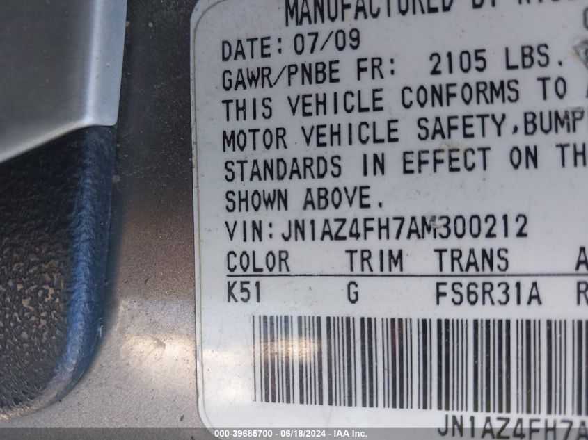 2010 Nissan 370Z VIN: JN1AZ4FH7AM300212 Lot: 39685700