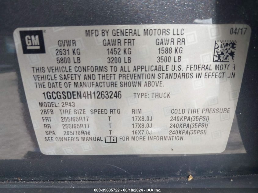2017 Chevrolet Colorado Z71 VIN: 1GCGSDEN4H1263246 Lot: 39685722