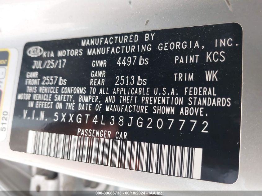 2018 Kia Optima Lx VIN: 5XXGT4L38JG207772 Lot: 39685733