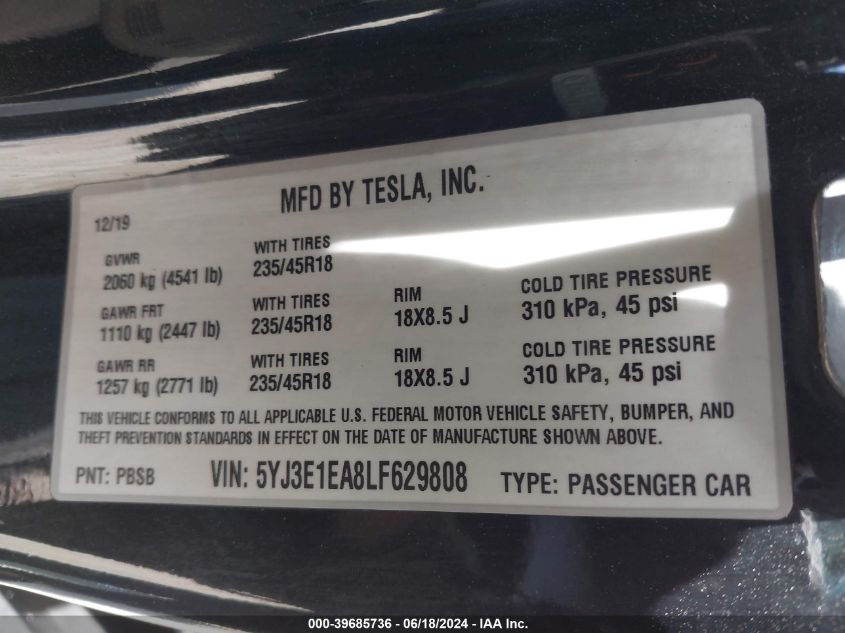 2020 Tesla Model 3 Standard Range Plus Rear-Wheel Drive/Standard Range Rear-Wheel Drive VIN: 5YJ3E1EA8LF629808 Lot: 39685736