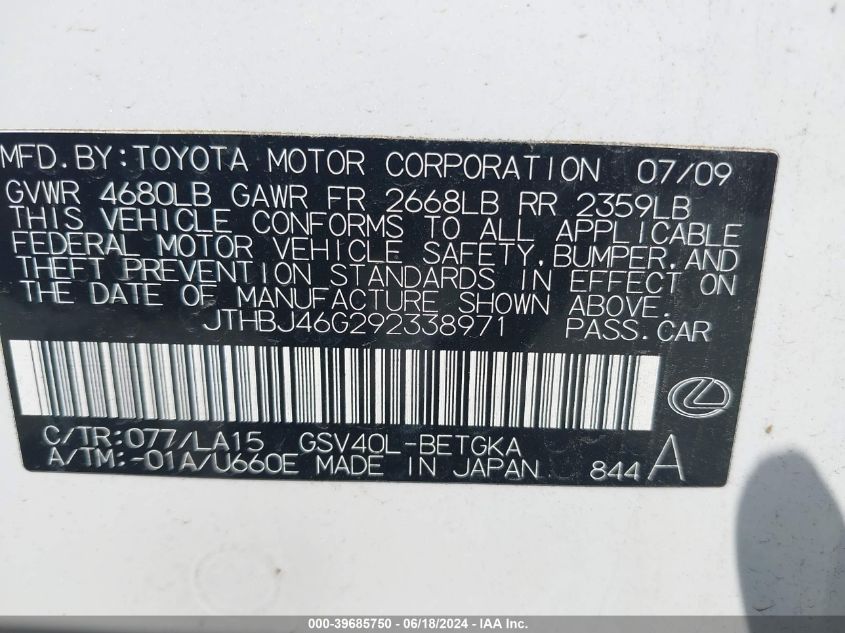 2009 Lexus Es 350 VIN: JTHBJ46G292338971 Lot: 39685750