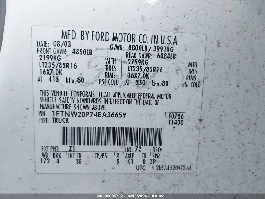 2004 Ford F-250 Lariat/Xl/Xlt VIN: 1FTNW20P74EA36659 Lot: 39685762