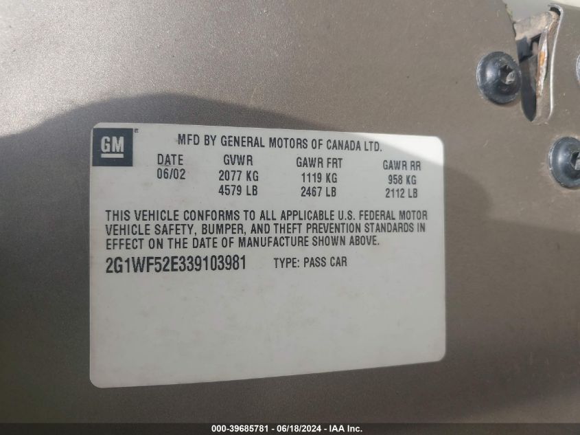 2003 Chevrolet Impala VIN: 2G1WF52E339103981 Lot: 39685781