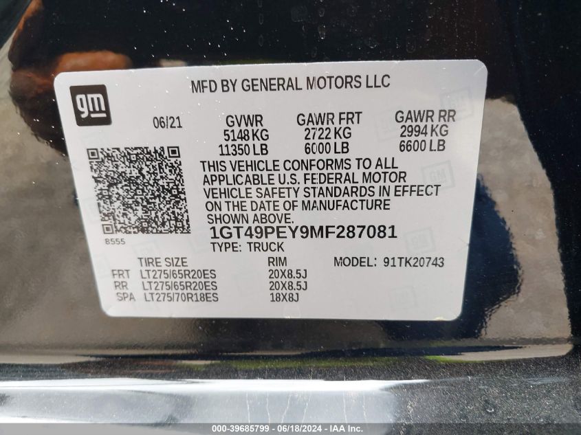 2021 GMC Sierra 2500Hd 4Wd Standard Bed At4 VIN: 1GT49PEY9MF287081 Lot: 39685799