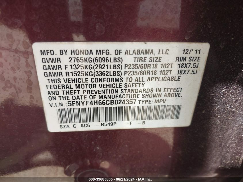 2012 Honda Pilot Ex-L VIN: 5FNYF4H66CB024357 Lot: 39685805