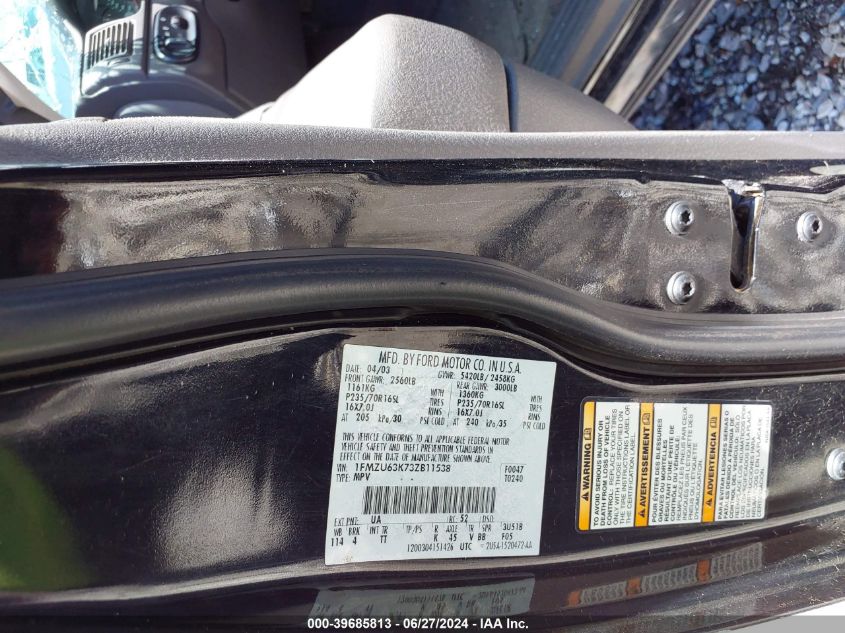 2003 Ford Explorer Nbx/Xlt VIN: 1FMZU63K73ZB11538 Lot: 39685813