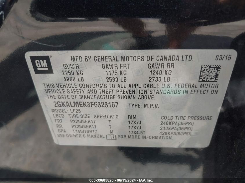 2015 GMC Terrain Sle-1 VIN: 2GKALMEK3F6323167 Lot: 39685820