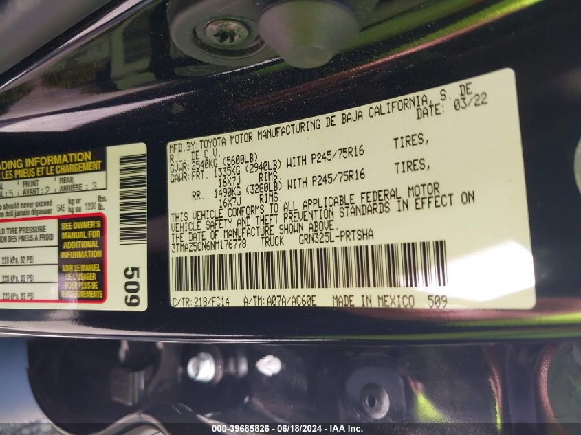 2022 Toyota Tacoma Sr5 V6 VIN: 3TMAZ5CN6NM176778 Lot: 39685826