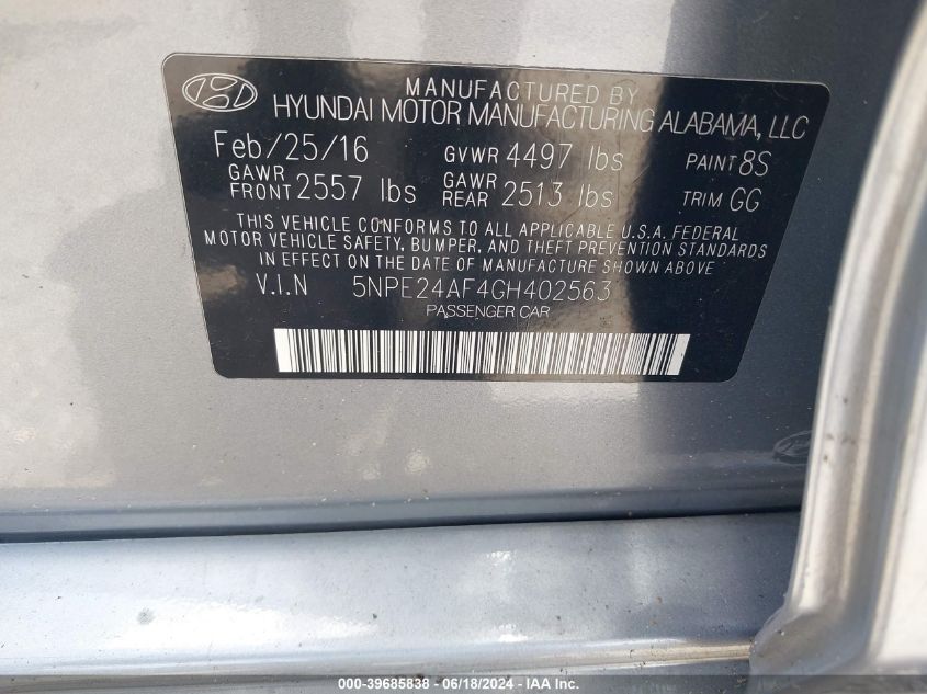 2016 Hyundai Sonata VIN: 5NPE24AF4GH402563 Lot: 39685838