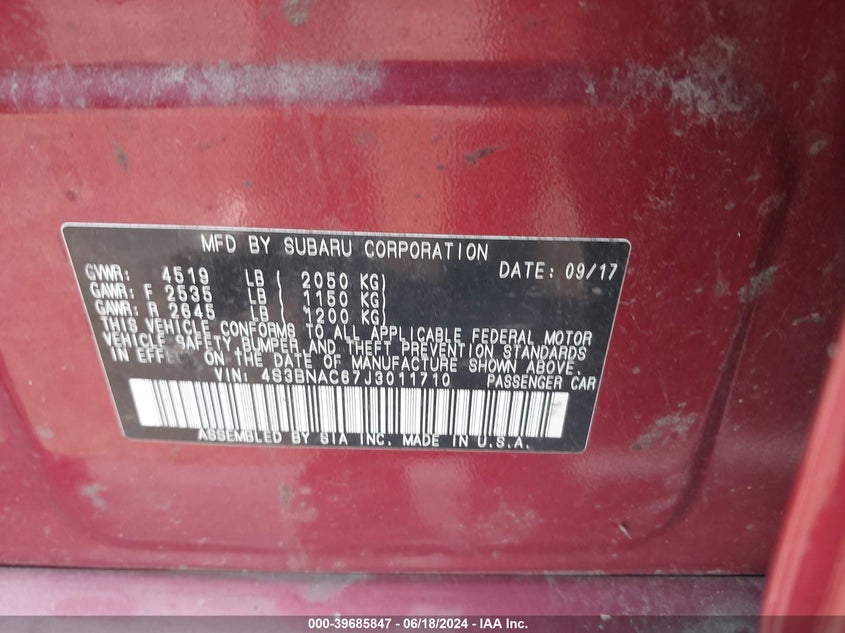 2018 Subaru Legacy 2.5I Premium VIN: 4S3BNAC67J3011710 Lot: 39685847