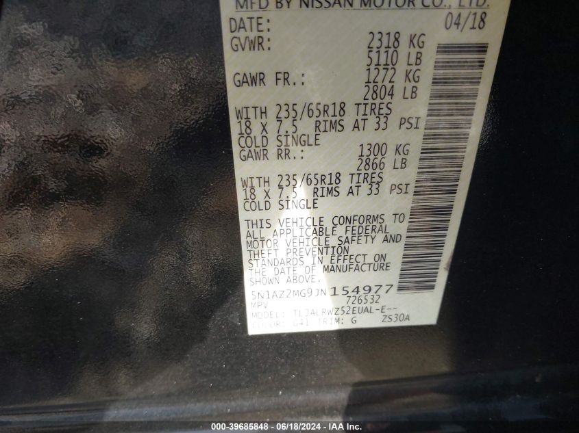 2018 Nissan Murano Sl VIN: 5N1AZ2MG9JN154977 Lot: 39685848