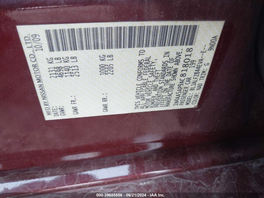 2010 Nissan Maxima S/Sv VIN: 1N4AA5AP9AC818018 Lot: 39685856