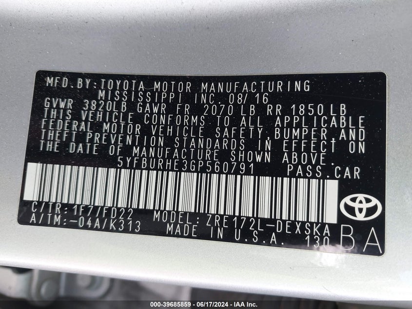 2016 Toyota Corolla S Plus VIN: 5YFBURHE3GP560791 Lot: 39685859