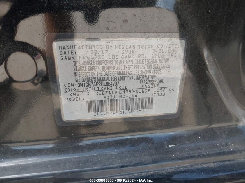 2017 Nissan Versa 1.6 Sv VIN: 3N1CN7AP2HL854797 Lot: 39685860