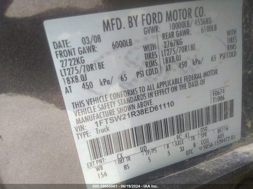2008 Ford F-250 Super Duty VIN: 1FTSW21R38ED61110 Lot: 39685861