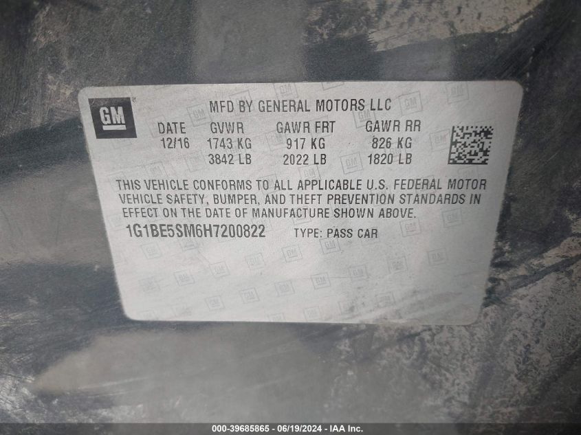 2017 Chevrolet Cruze Lt VIN: 1G1BE5SM6H7200822 Lot: 39685865