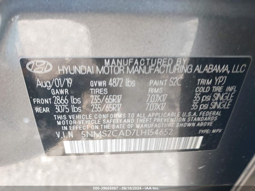 2020 Hyundai Santa Fe Se VIN: 5NMS2CAD7LH154652 Lot: 39685867