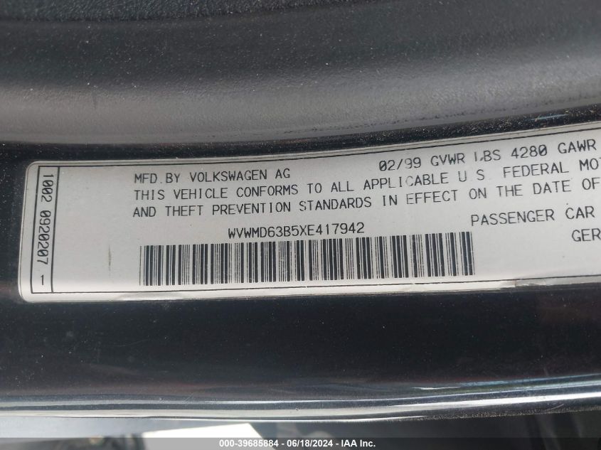 1999 Volkswagen Passat Gls V6 VIN: WVWMD63B5XE417942 Lot: 39685884