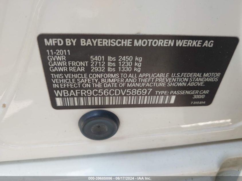 2012 BMW 550I VIN: WBAFR9C56CDV58697 Lot: 39685886