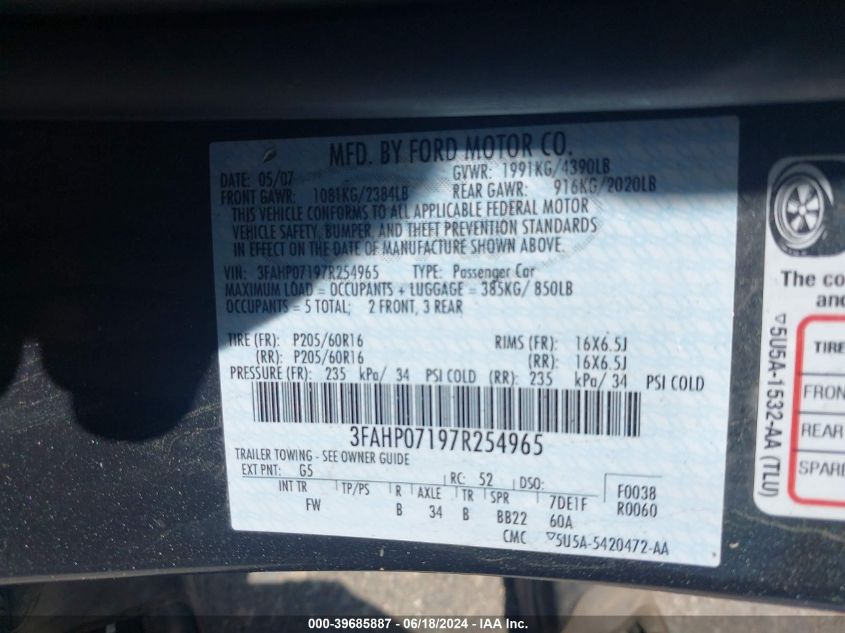 2007 Ford Fusion Se VIN: 3FAHP07197R254965 Lot: 39685887