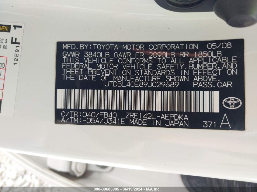 2009 Toyota Corolla Le/Xle VIN: JTDBL40E89J029689 Lot: 39685905