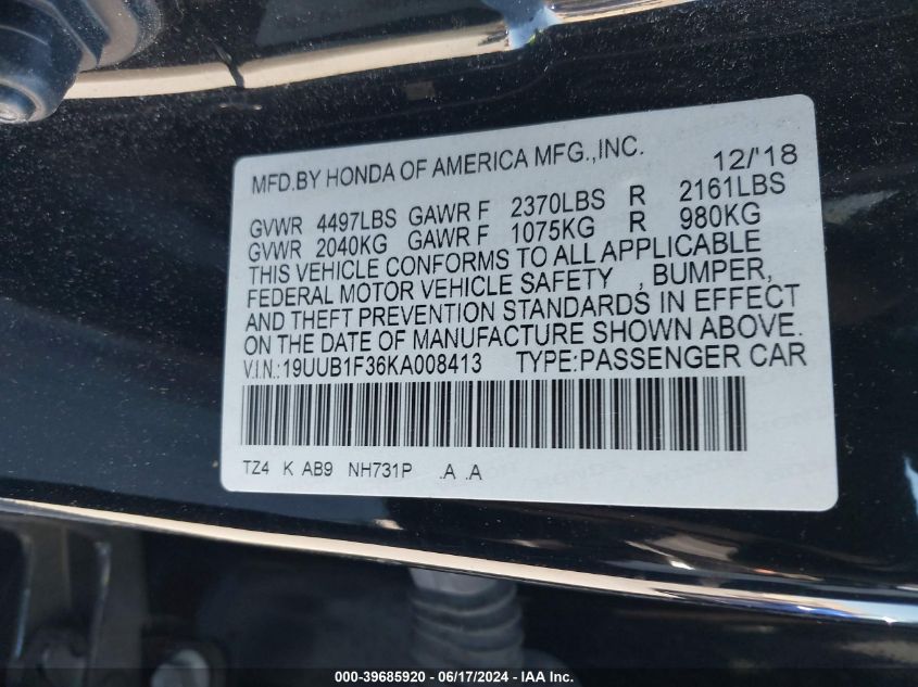 2019 Acura Tlx Standard VIN: 19UUB1F36KA008413 Lot: 39685920