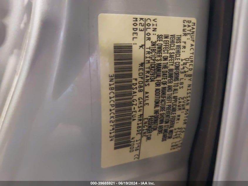 2012 Nissan Versa S/Sl VIN: 3N1BC1CP1CK279134 Lot: 39685921