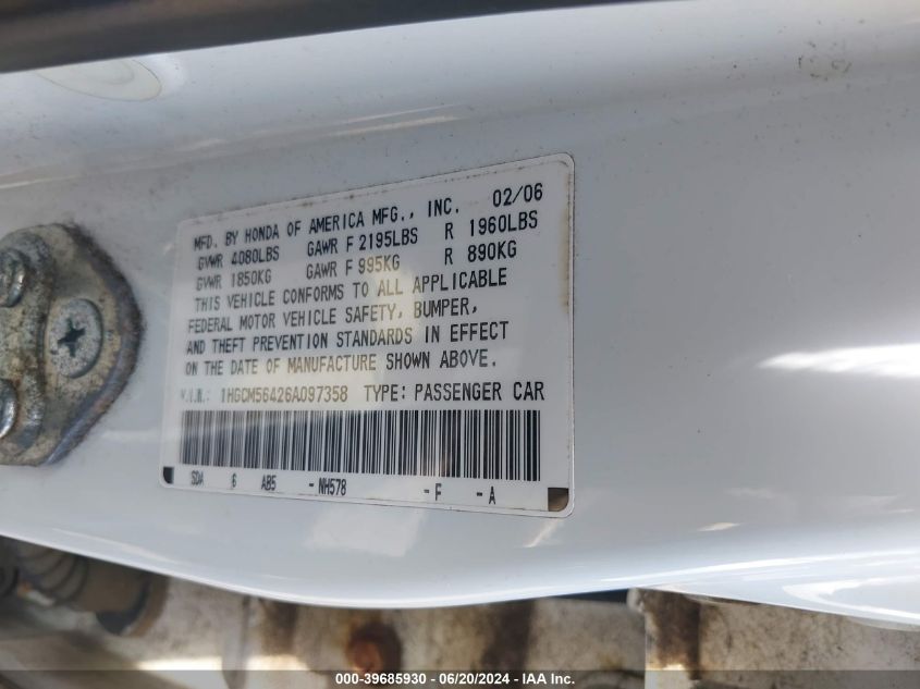 2006 Honda Accord 2.4 Lx VIN: 1HGCM56426A097358 Lot: 39685930
