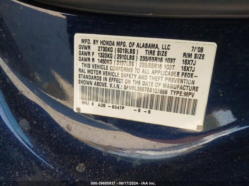 2008 Honda Odyssey Ex-L VIN: 5FNRL38678B107889 Lot: 39685937