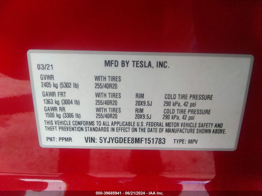 2021 TESLA MODEL Y - 5YJYGDEE8MF151783