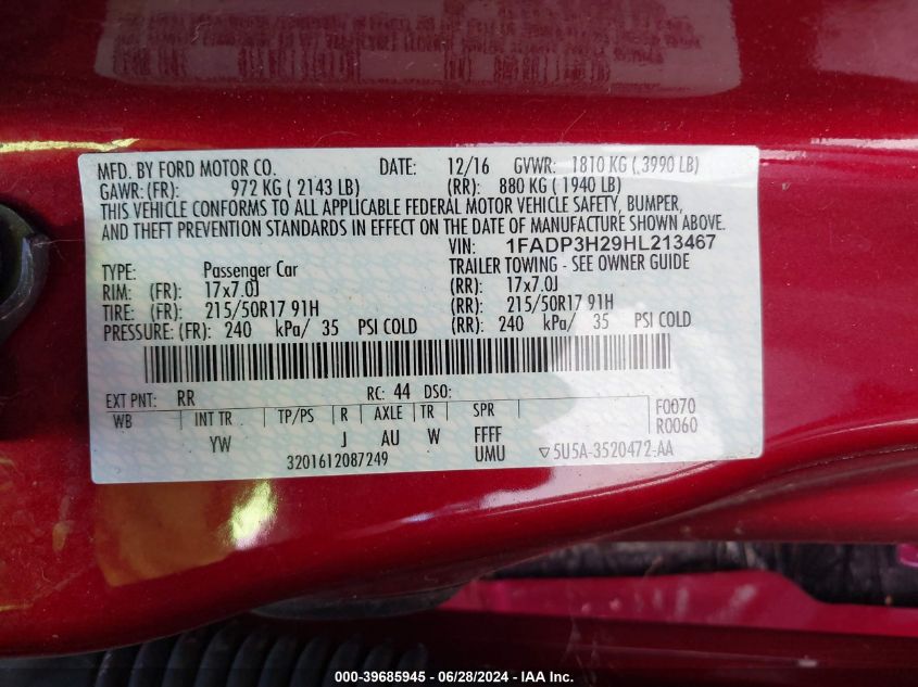 2017 Ford Focus Sel VIN: 1FADP3H29HL213467 Lot: 39685945