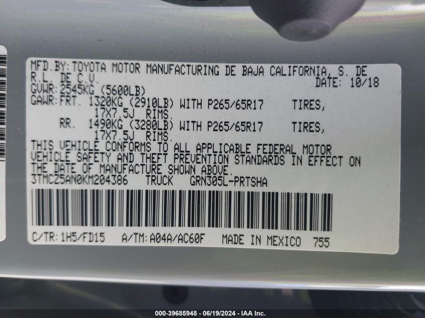 2019 Toyota Tacoma Trd Sport VIN: 3TMCZ5AN0KM204386 Lot: 39685948