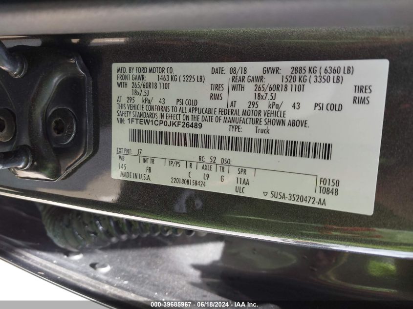 2018 Ford F-150 Xlt VIN: 1FTEW1CP0JKF26489 Lot: 39685967