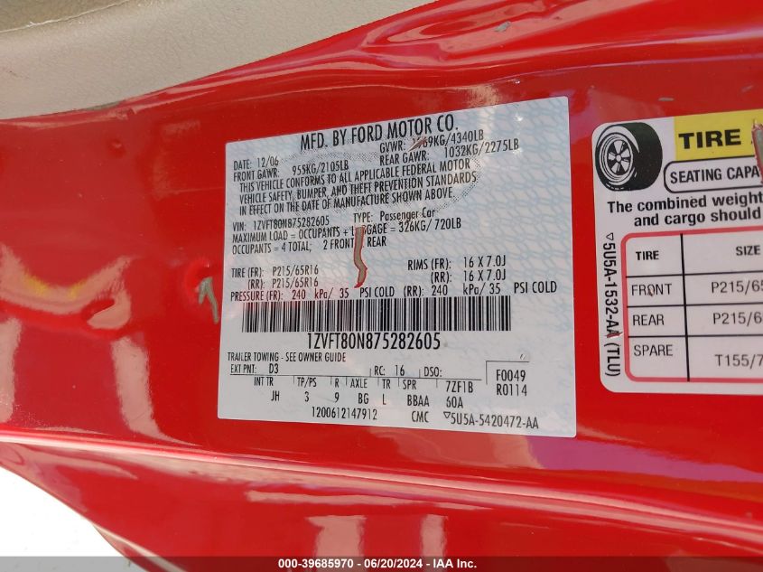 2007 Ford Mustang Deluxe/Premium VIN: 1ZVFT80N875282605 Lot: 39685970