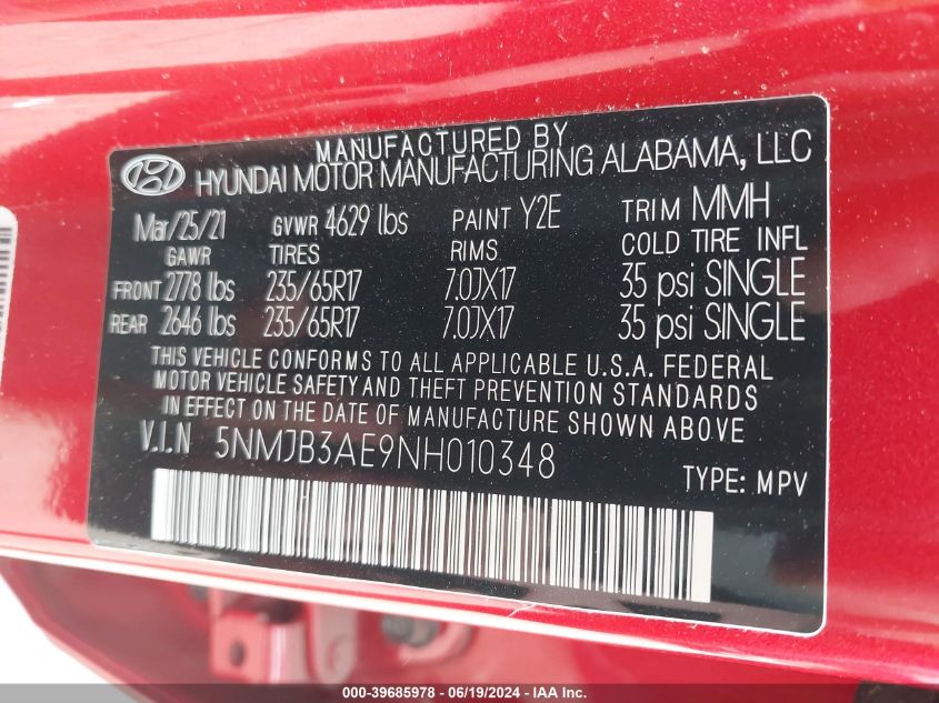 2022 Hyundai Tucson Sel VIN: 5NMJB3AE9NH010348 Lot: 39685978