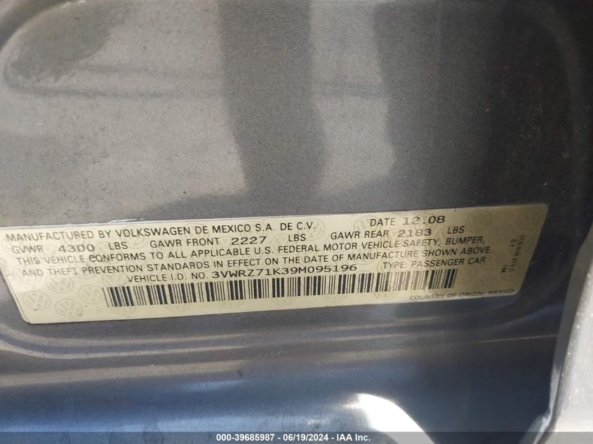 2009 Volkswagen Jetta Se/Sel VIN: 3VWRZ71K39M095196 Lot: 39685987