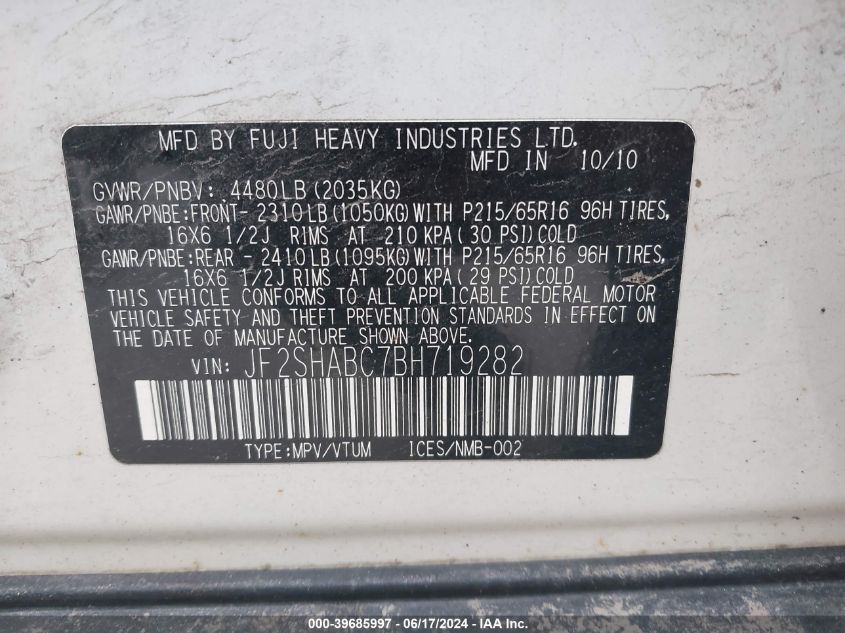 2011 Subaru Forester 2.5X VIN: JF2SHABC7BH719282 Lot: 39685997