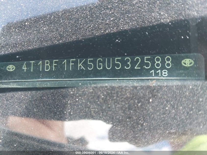 2016 Toyota Camry Se VIN: 4T1BF1FK5GU532588 Lot: 39686001