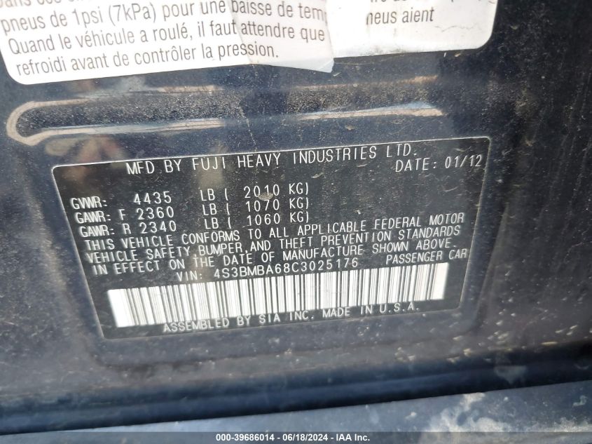 2012 Subaru Legacy 2.5I VIN: 4S3BMBA68C3025176 Lot: 39686014