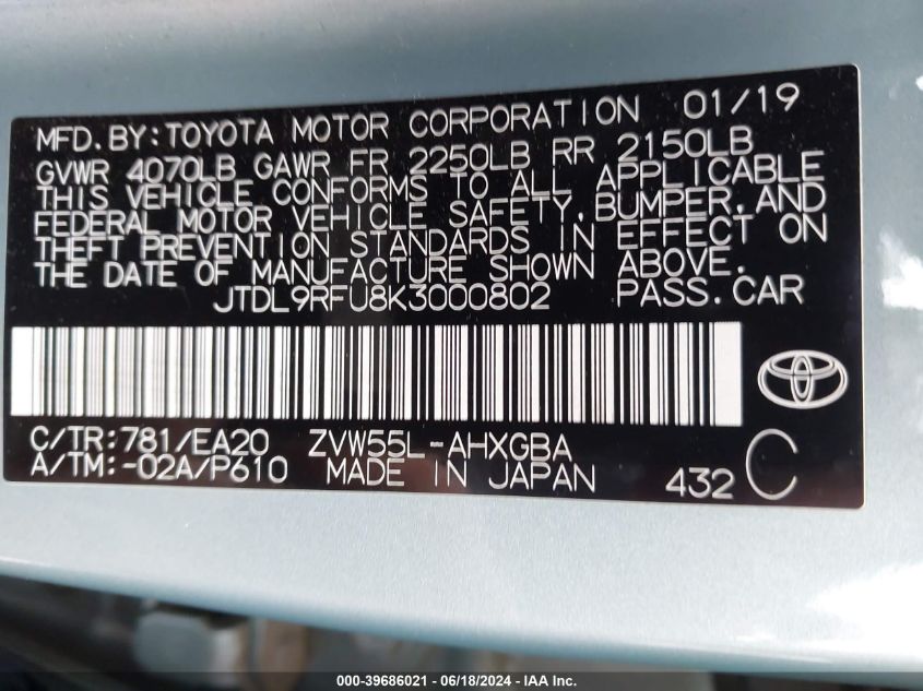 2019 Toyota Prius Xle VIN: JTDL9RFU8K3000802 Lot: 39686021