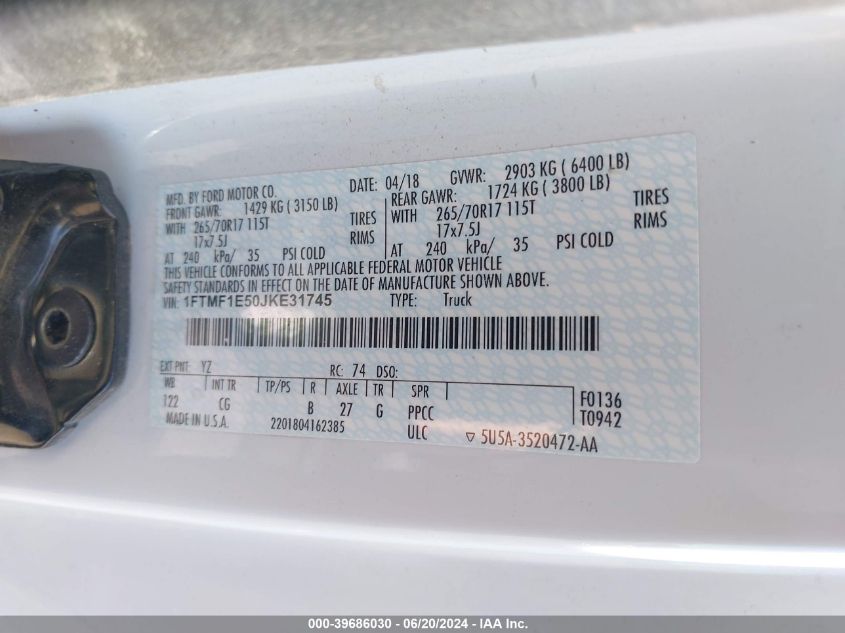 2018 Ford F-150 Xl VIN: 1FTMF1E50JKE31745 Lot: 39686030