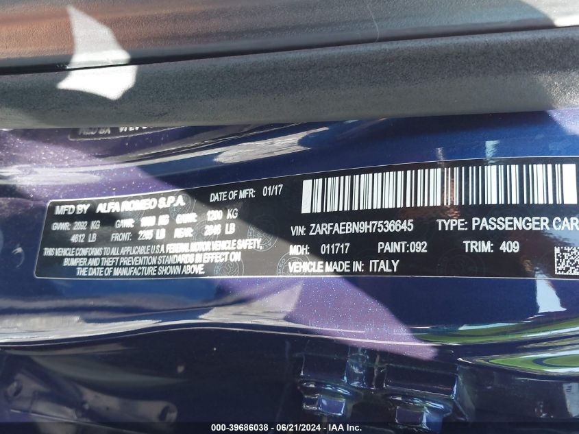 2017 Alfa Romeo Giulia Rwd VIN: ZARFAEBN9H7536645 Lot: 39686038