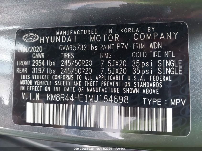 2021 Hyundai Palisade Sel VIN: KM8R44HE1MU184698 Lot: 39686039