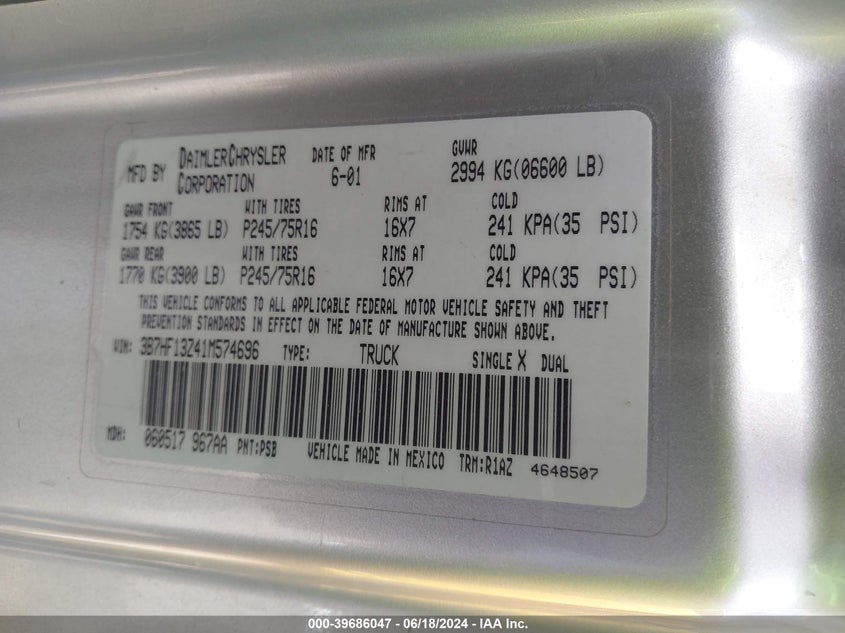2001 Dodge Ram 1500 St VIN: 3B7HF13Z41M574696 Lot: 39686047