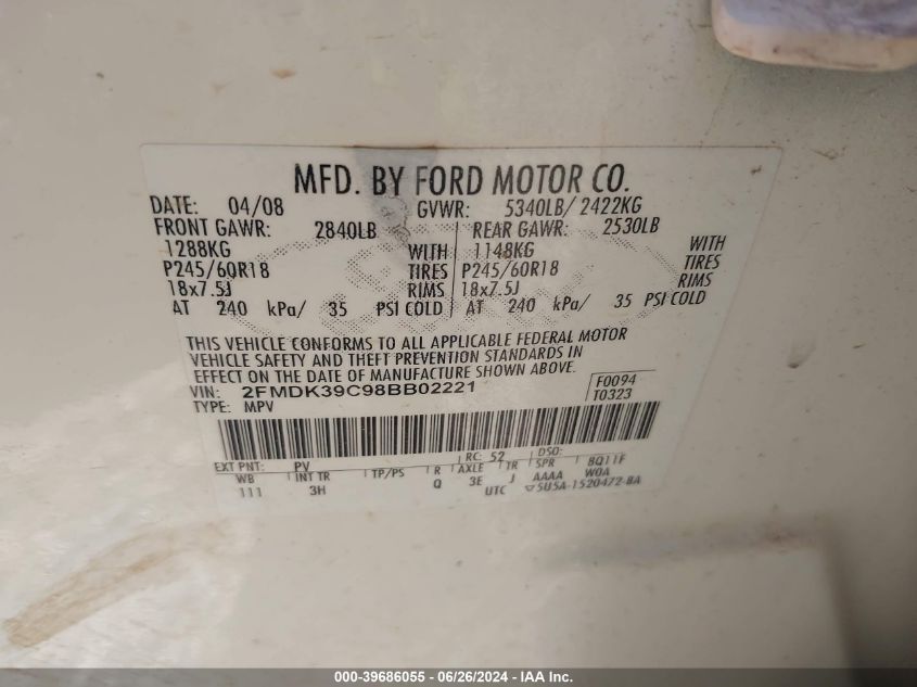 2008 Ford Edge Limited VIN: 2FMDK39C98BB02221 Lot: 39686055