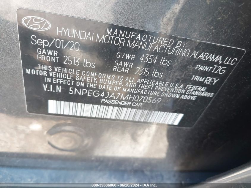 2021 Hyundai Sonata Se VIN: 5NPEG4JA7MH070569 Lot: 39686060