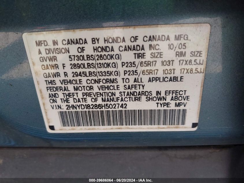 2006 Acura Mdx VIN: 2HNYD18286H502742 Lot: 39686064