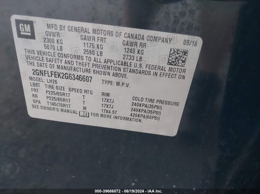 2016 Chevrolet Equinox Lt VIN: 2GNFLFEK2G6346607 Lot: 39686072