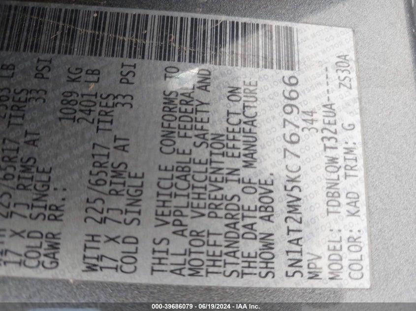 2019 NISSAN ROGUE S/SL/SV - 5N1AT2MV5KC767966