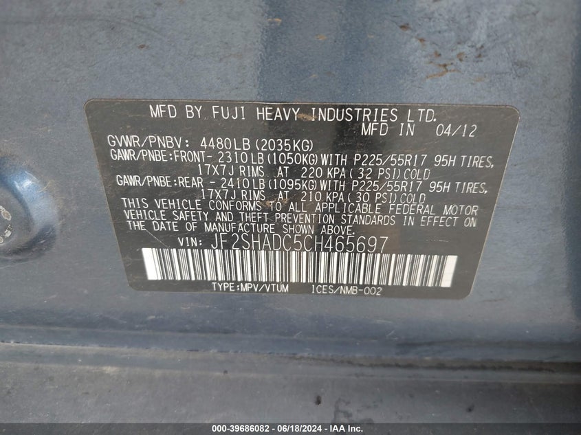 2012 Subaru Forester 2.5X Premium VIN: JF2SHADC5CH465697 Lot: 39686082